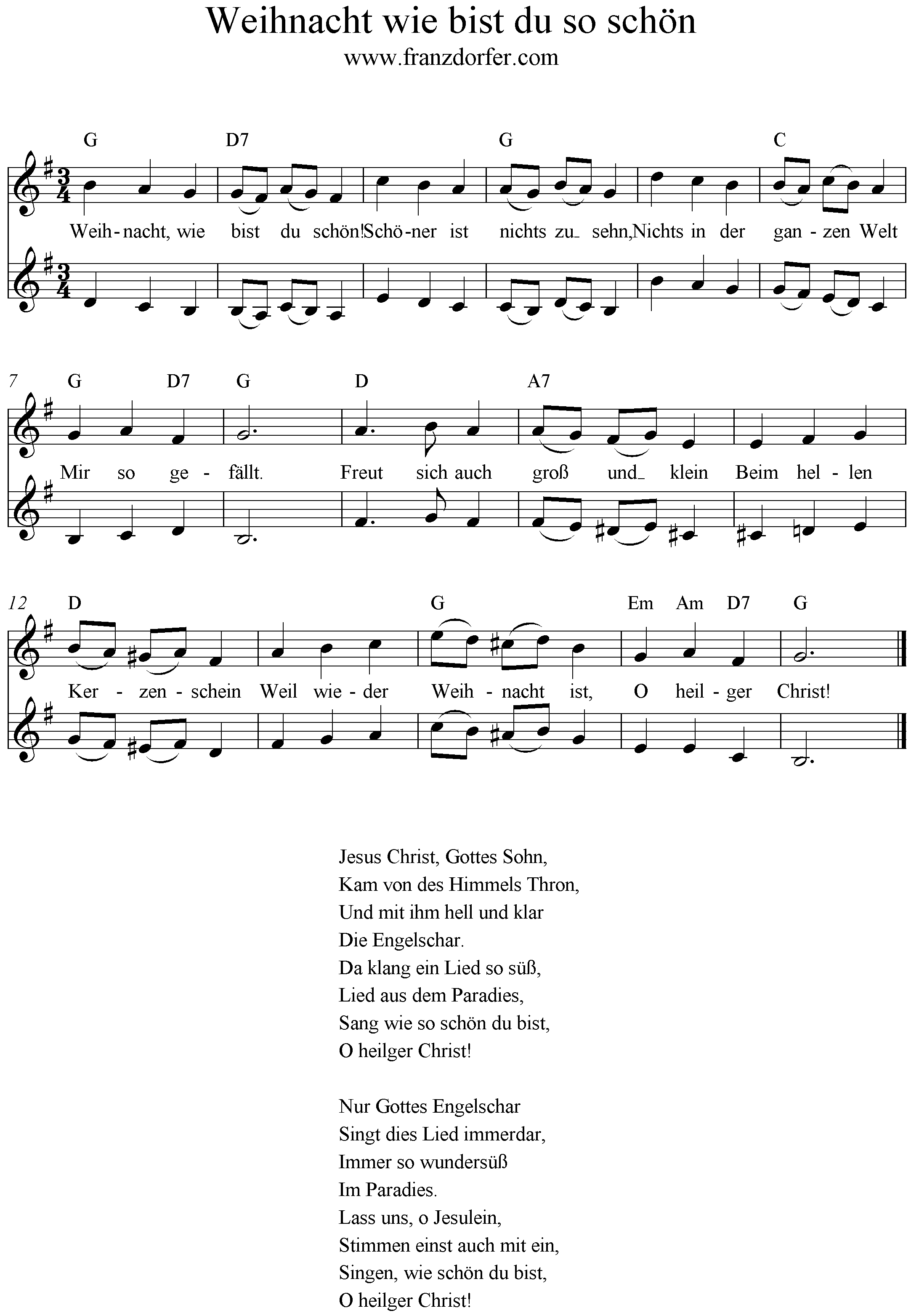 Noten Weihnacht wie bist du schön, 2stimmig, G-Dur